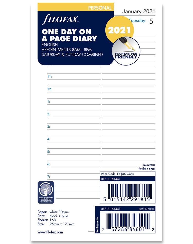 Filofax Personal Diary Refill - Day to Page with appointments 2021