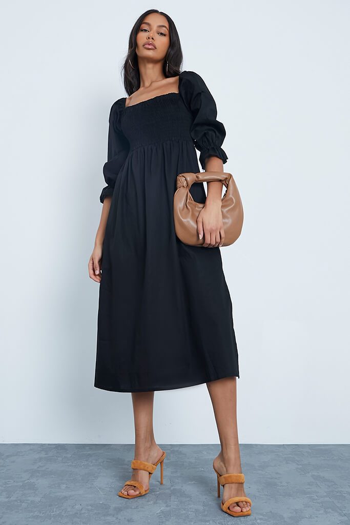 Black Cotton Shirred Square Neck Midi Dress £40.00